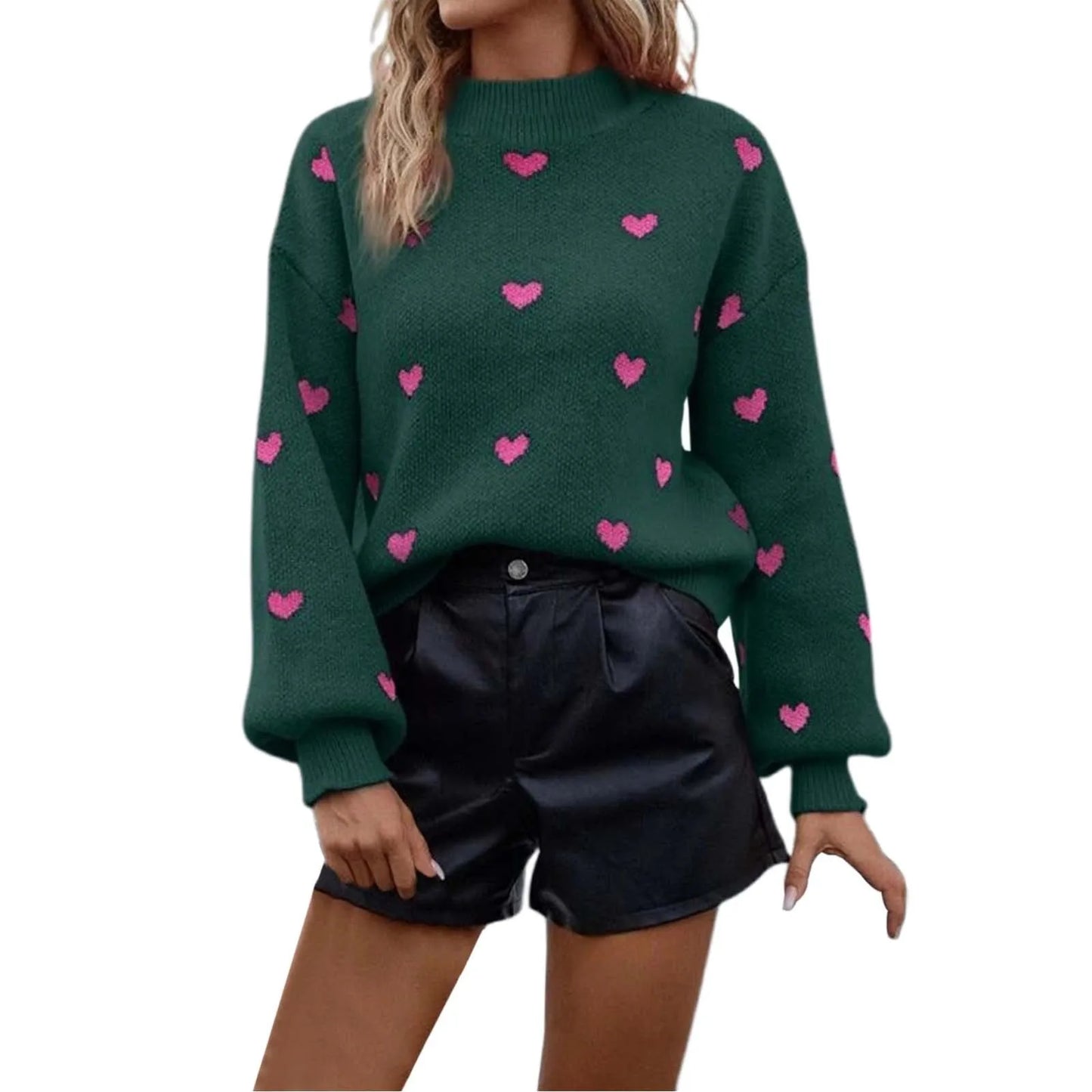 LVSANW Women Heart Print Knitted Sweater Autumn Winter Loose Sweater Elegant Knitwears Jumper Valentine'S Day Tops