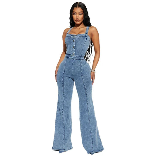 LVSANW Women High Waist Button Half-open Suspenders Denim Jumpsuit Flared Jeans Female Casual Backless Zipper Splice Rompers Streetwear