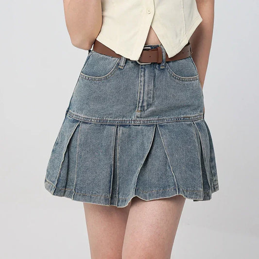 LVSANW Women High Waist Wild Pleated Skirts Jeans Girls Vintage Streetwear Denim Dress Female Y2k Clothes Blue Cutecore A Line Skirts