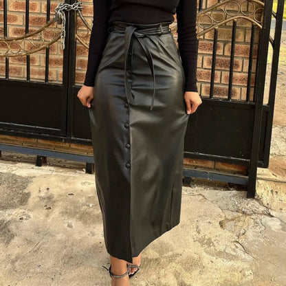 LVSANW Women High Waist with Sashes PU Leather Vintage Straight Maxi Skirt 2025 Winter Street INS Basic Club Party Long Skirts