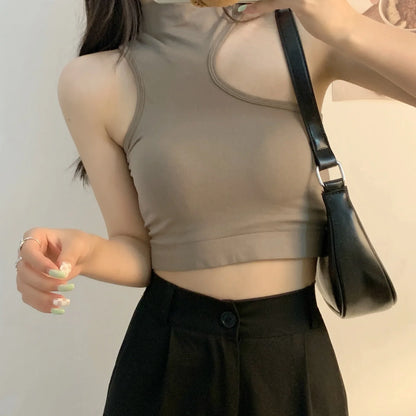 LVSANW Women Hollow Out Crop Tops Summer Casual Solid Color  Street Backless Camisoles Cropped Halter Tops Sexy Sleeveless Blouses