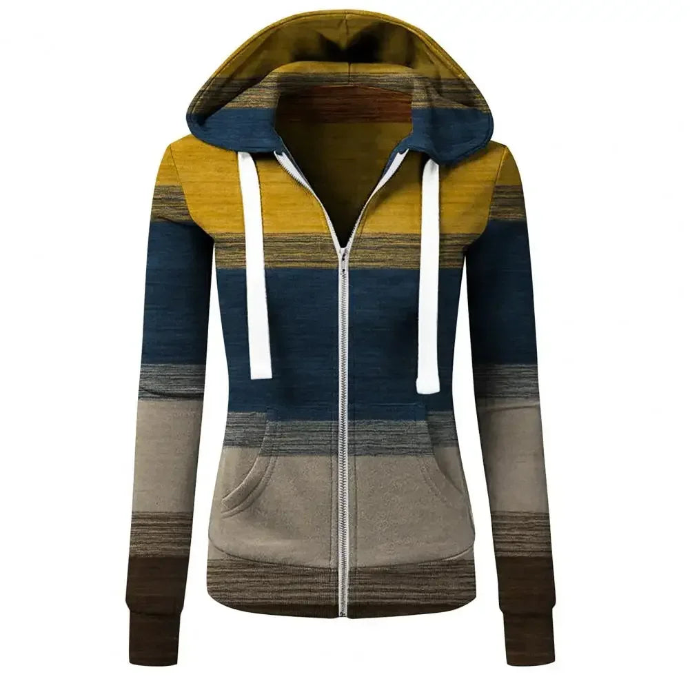 LVSANW Women Hoodie Striped Color Block Autumn Winter Long Sleeve Drawstring Hooded Sweatshirt Cardigan Autumn Winter Cotton Coat Tops