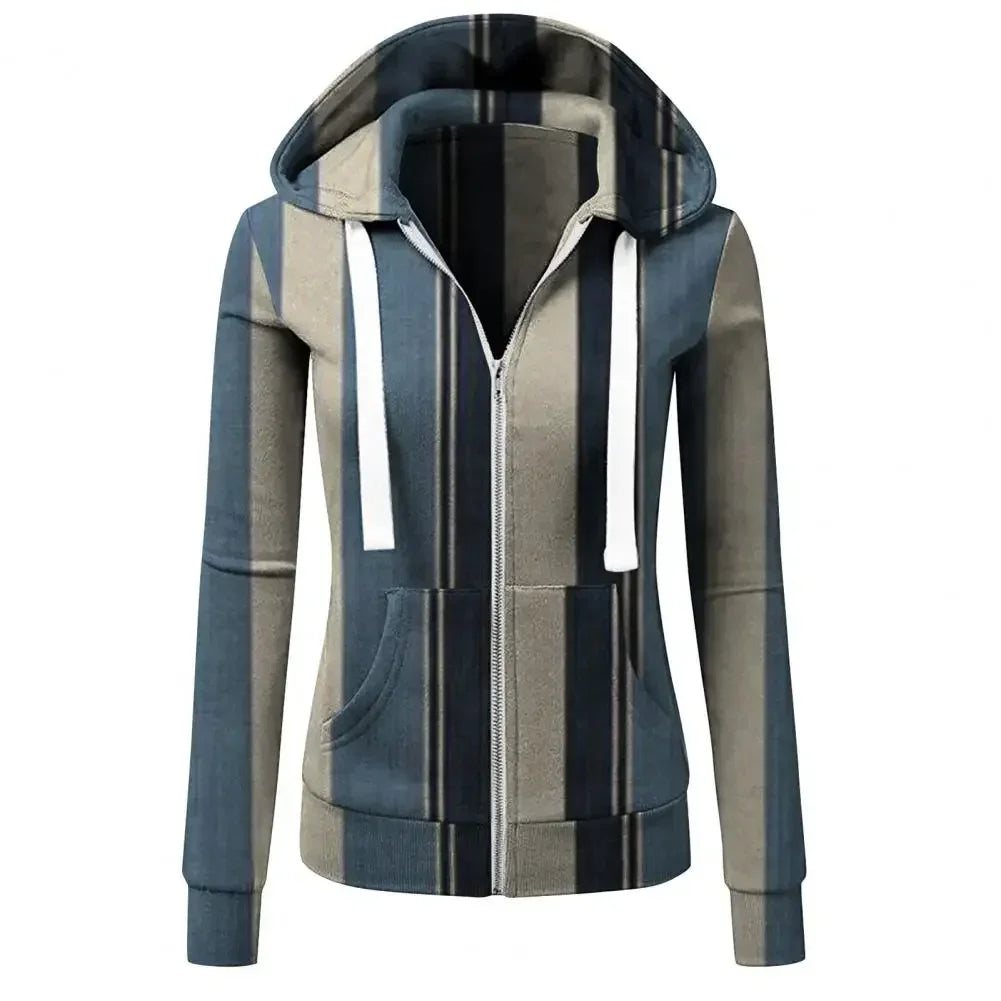 LVSANW Women Hoodie Striped Color Block Autumn Winter Long Sleeve Drawstring Hooded Sweatshirt Cardigan Autumn Winter Cotton Coat Tops