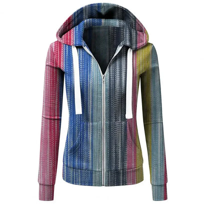 LVSANW Women Hoodie Striped Color Block Autumn Winter Long Sleeve Drawstring Hooded Sweatshirt Cardigan Autumn Winter Cotton Coat Tops