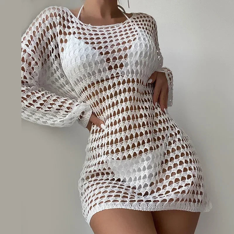 LVSANW Women Knitted Cover Up Dresses Solid Color Long Sleeves Round Neck Hollow Out Beach Dress 2024 Summer See Through Beachwear