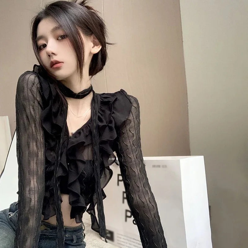 LVSANW Women Lace Blouses  Y2k Crop Top Sexy Gothic GrungeFemale Shirts Elegant Black Transparent Cardigan Korean Streetwear