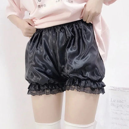 LVSANW Women Lace Short Panties Imitation Silk Ruffle Bloomers Anti Exposure Safety Pants Lolita Satin Knickers Shorts Dress Pettipant