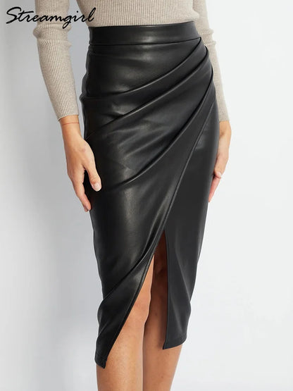 LVSANW Women Leather Skirt Midi High Waist Elegant Autumn Zipper PU Front Slit Skirts Ladies Black Faux Leather Folded Skirt For Women