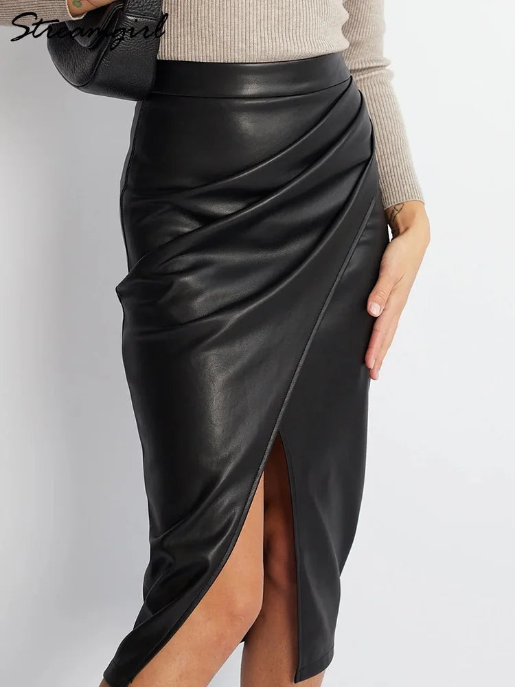 LVSANW Women Leather Skirt Midi High Waist Elegant Autumn Zipper PU Front Slit Skirts Ladies Black Faux Leather Folded Skirt For Women