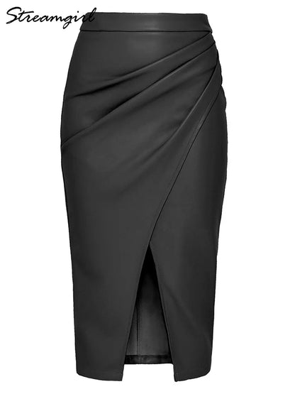 LVSANW Women Leather Skirt Midi High Waist Elegant Autumn Zipper PU Front Slit Skirts Ladies Black Faux Leather Folded Skirt For Women