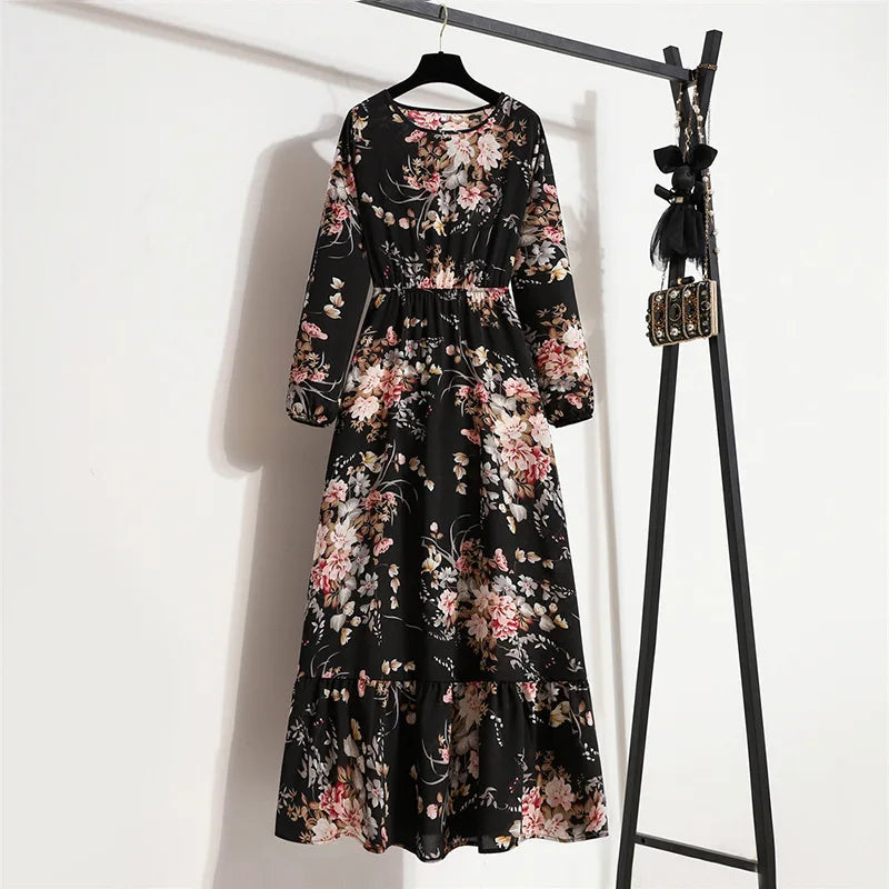 LVSANW Women Long Dresses Full Sleeve Sping Autumn Bohemian Casual High Waist Beach Woman Chiffon Dresses Floral Vestidoes Maxi Dress