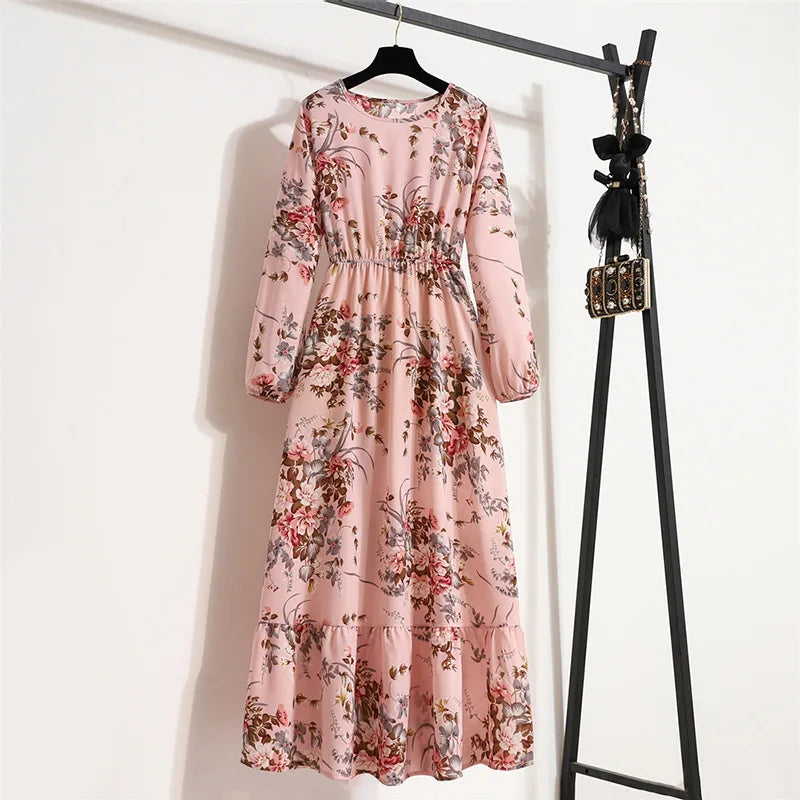 LVSANW Women Long Dresses Full Sleeve Sping Autumn Bohemian Casual High Waist Beach Woman Chiffon Dresses Floral Vestidoes Maxi Dress