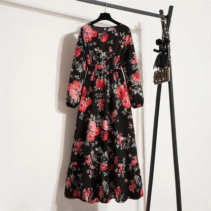 LVSANW Women Long Dresses Full Sleeve Sping Autumn Bohemian Casual High Waist Beach Woman Chiffon Dresses Floral Vestidoes Maxi Dress