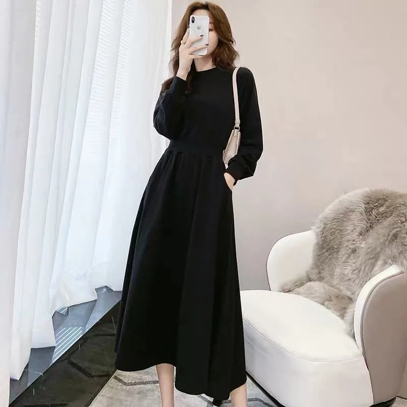 LVSANW Women Long Sleeve Autumn Dress Casual Round Neck Elasticated Waist Korean Fashion Daily Wear Sweatshirts Dress Ladiea