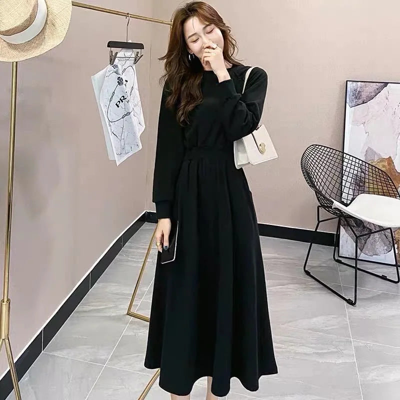 LVSANW Women Long Sleeve Autumn Dress Casual Round Neck Elasticated Waist Korean Fashion Daily Wear Sweatshirts Dress Ladiea