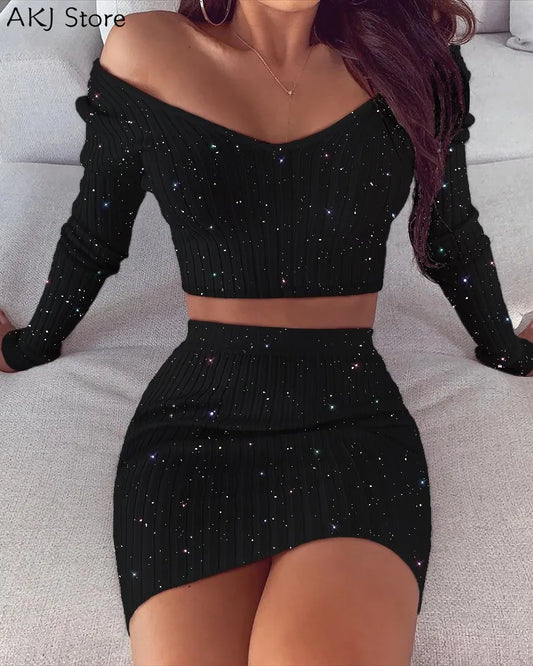 LVSANW Women Long Sleeve Glitter Off Shoulder Crop Top & Skirt Sets