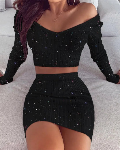 LVSANW Women Long Sleeve Glitter Off Shoulder Crop Top & Skirt Sets