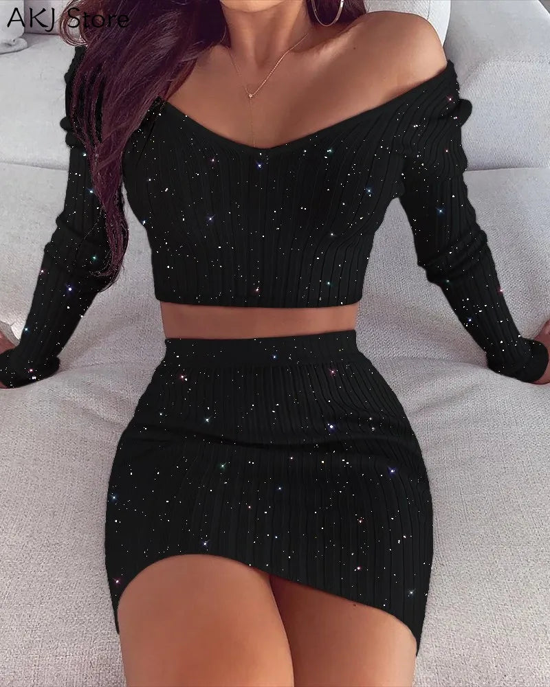 LVSANW Women Long Sleeve Glitter Off Shoulder Crop Top & Skirt Sets