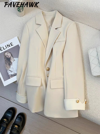 LVSANW Women Long Sleeve Office Lady Blazers Autumn Winter Solid Casual Single Breasted Chic Notched Blazer Ladies Jackets Clothes