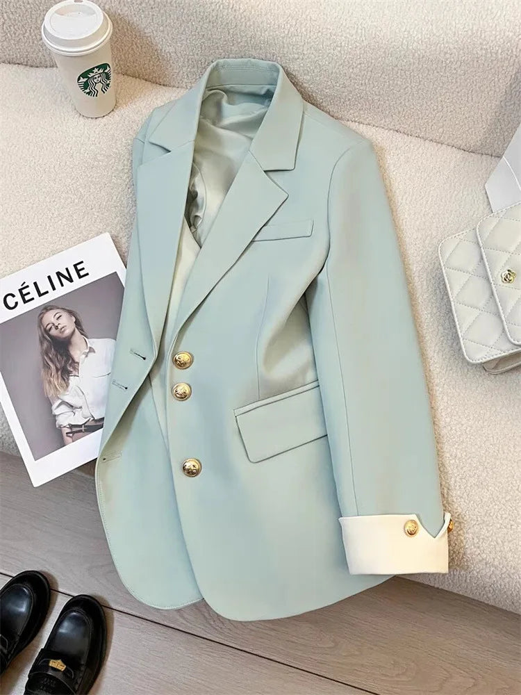 LVSANW Women Long Sleeve Office Lady Blazers Autumn Winter Solid Casual Single Breasted Chic Notched Blazer Ladies Jackets Clothes