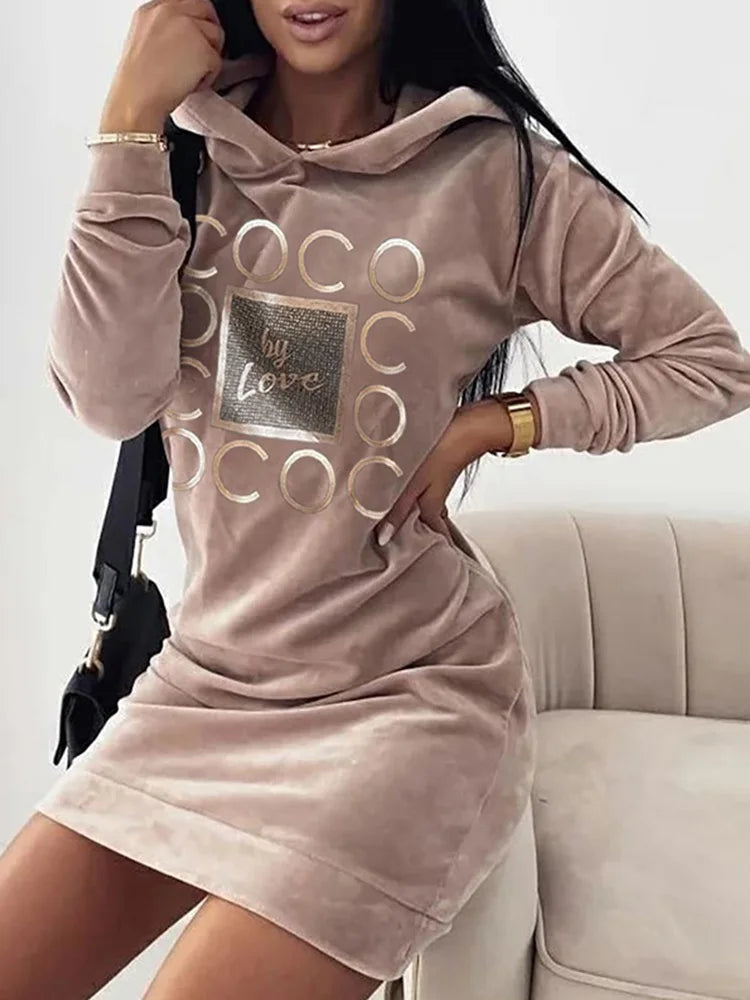 LVSANW Women Long Sweater Dresses LOVE Print Hooded Loose High Collar Sweatshirts Long Sleeve Pullover Fall Winter Y2K Street Style Top