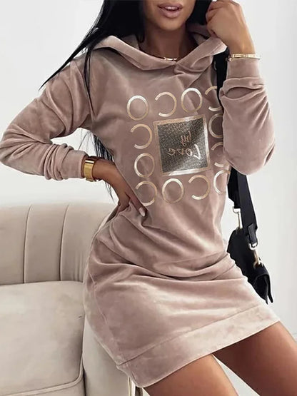 LVSANW Women Long Sweater Dresses LOVE Print Hooded Loose High Collar Sweatshirts Long Sleeve Pullover Fall Winter Y2K Street Style Top