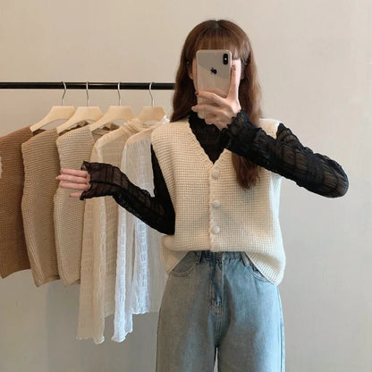 LVSANW Women Loose Button Knitted Vests Casual Deep V Neck Sleeveless Knitwear Sweater Tops Autumn Korean LMFS-L23010