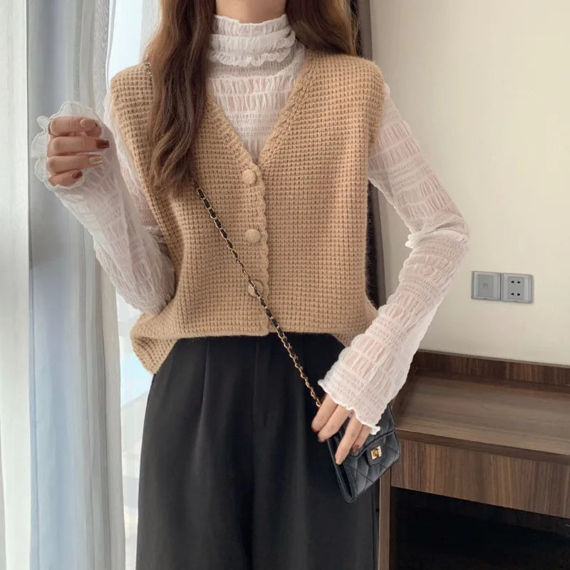 LVSANW Women Loose Button Knitted Vests Casual Deep V Neck Sleeveless Knitwear Sweater Tops Autumn Korean LMFS-L23010