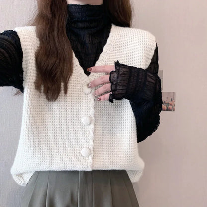 LVSANW Women Loose Button Knitted Vests Casual Deep V Neck Sleeveless Knitwear Sweater Tops Autumn Korean LMFS-L23010