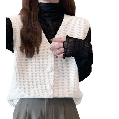 LVSANW Women Loose Button Knitted Vests Casual Deep V Neck Sleeveless Knitwear Sweater Tops Autumn Korean LMFS-L23010