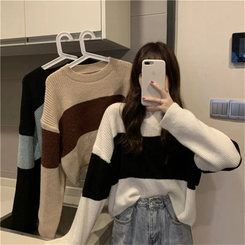 LVSANW Women Loose Knitted Cropped Sweater Autumn Lady Long Sleeve Patchwork Striped Knitwear Pullover Tops CDPF-DL-9399