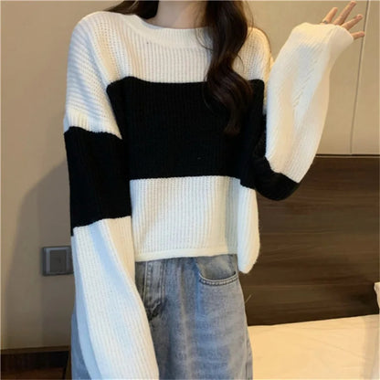 LVSANW Women Loose Knitted Cropped Sweater Autumn Lady Long Sleeve Patchwork Striped Knitwear Pullover Tops CDPF-DL-9399