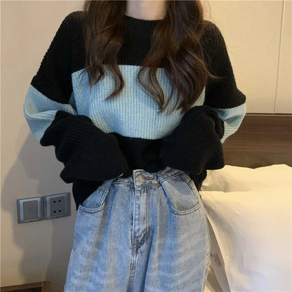 LVSANW Women Loose Knitted Cropped Sweater Autumn Lady Long Sleeve Patchwork Striped Knitwear Pullover Tops CDPF-DL-9399