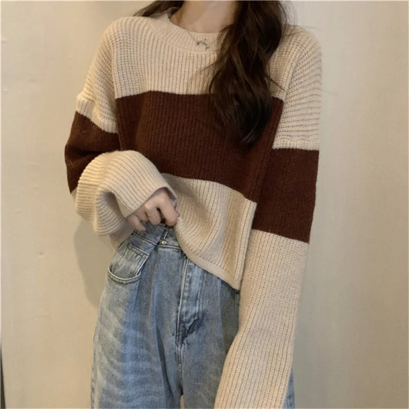 LVSANW Women Loose Knitted Cropped Sweater Autumn Lady Long Sleeve Patchwork Striped Knitwear Pullover Tops CDPF-DL-9399