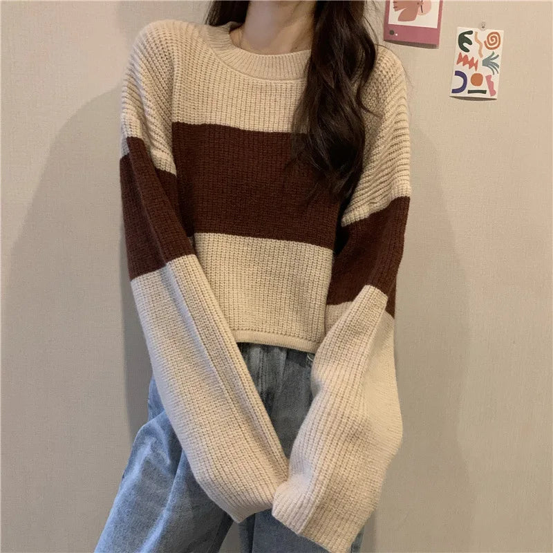 LVSANW Women Loose Knitted Cropped Sweater Autumn Lady Long Sleeve Patchwork Striped Knitwear Pullover Tops CDPF-DL-9399