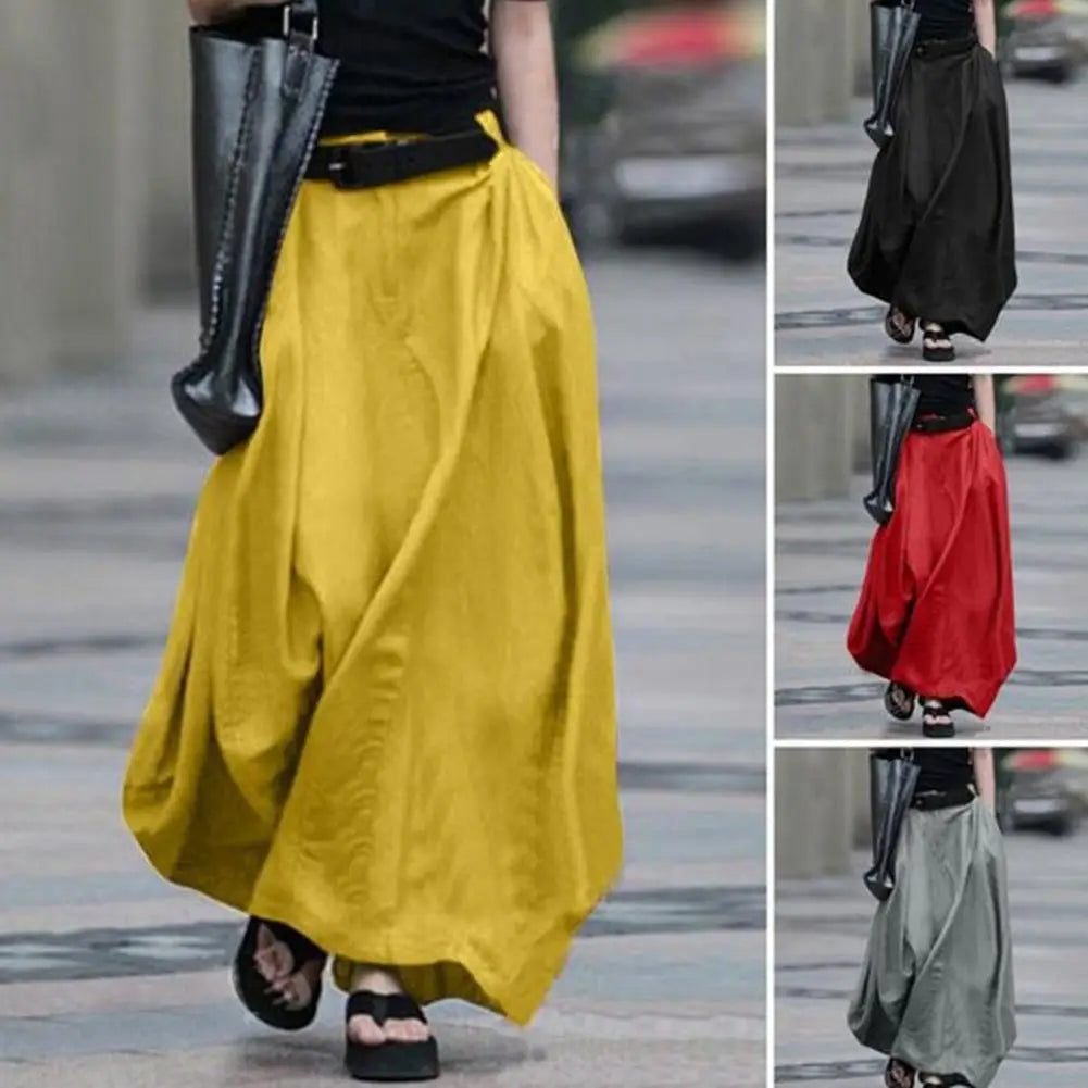 LVSANW Women Maxi Skirt Elastic High Waist Button Zipper Fly Long Skirt A-Line Solid Color Large Hem Long Skirt Daily Wear Maxi Dress