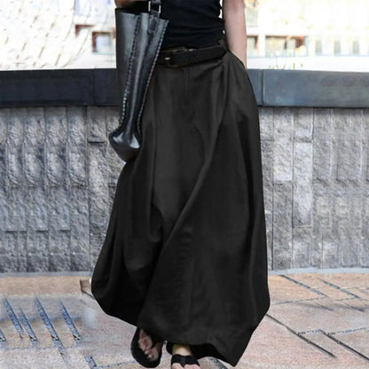 LVSANW Women Maxi Skirt Elastic High Waist Button Zipper Fly Long Skirt A-Line Solid Color Large Hem Long Skirt Daily Wear Maxi Dress