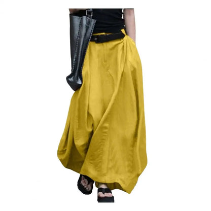 LVSANW Women Maxi Skirt Elastic High Waist Button Zipper Fly Long Skirt A-Line Solid Color Large Hem Long Skirt Daily Wear Maxi Dress