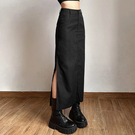 LVSANW Women Midi Skirts Goth Dark Grunge Casual Tag Split Mall Gothic Punk High Raise Slim Long Skirt Y2k Sexy Fashion Streetwear