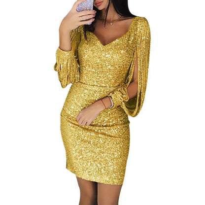 LVSANW Women Mini Dress Glitter V Neck Hollow Out Tassel Long Sleeve Bodycon Gown Sexy Hip High Waist Dress Women Elegant Party dress