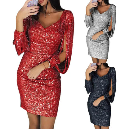 LVSANW Women Mini Dress Glitter V Neck Hollow Out Tassel Long Sleeve Bodycon Gown Sexy Hip High Waist Dress Women Elegant Party dress