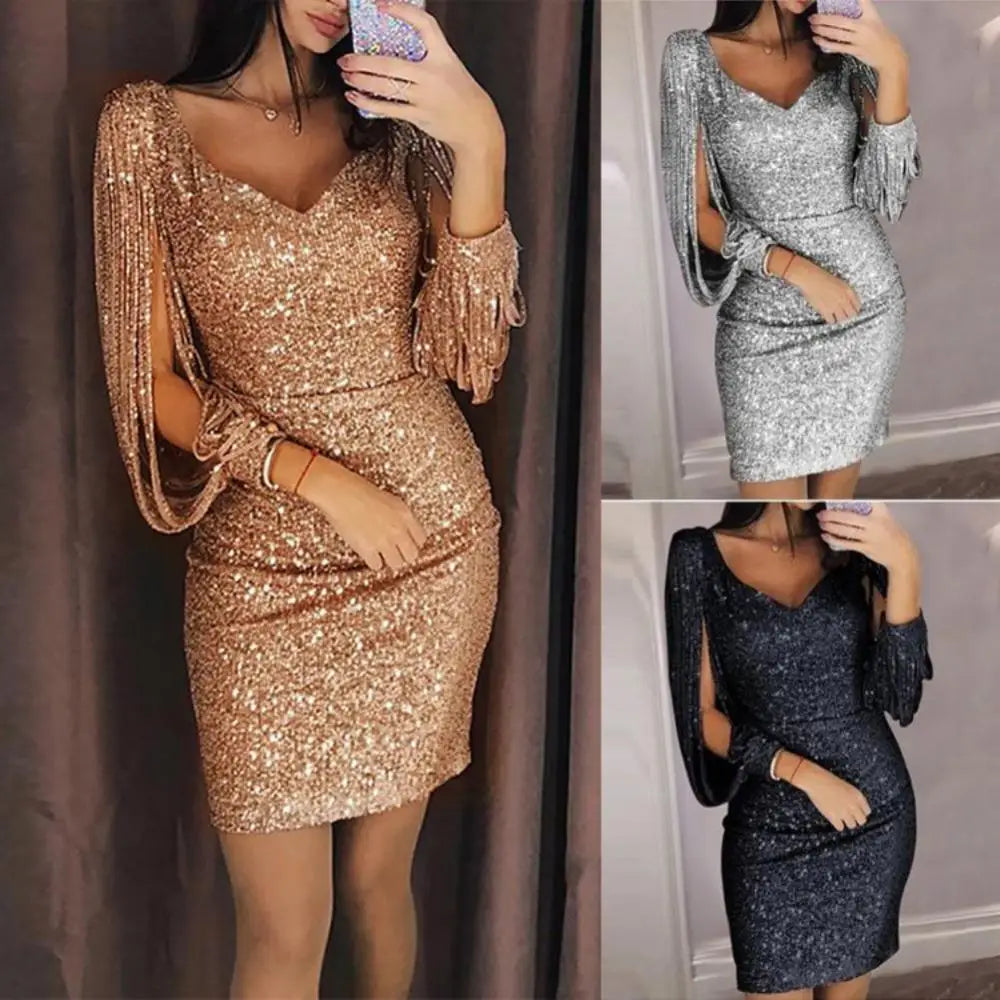 LVSANW Women Mini Dress Glitter V Neck Hollow Out Tassel Long Sleeve Bodycon Gown Sexy Hip High Waist Dress Women Elegant Party dress