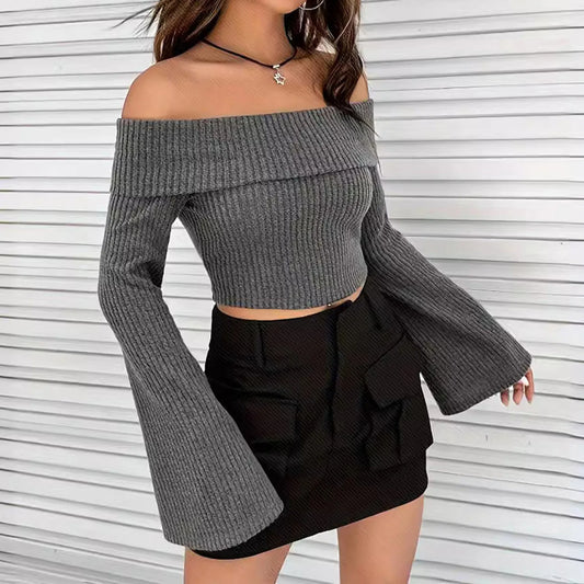 LVSANW Women Off the Shoulder Flare Long Sleeve Crop Top Fall Spring 2025 Sexy Rib-Knit Fleece Cropped Blouse Tee Shirts Streetwear