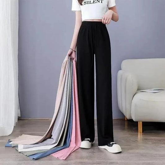 LVSANW Women Pants Spring Summer Ice Silk Wide Leg Pants 2024 High Waist Loose Straight Casual Pant Female Outdoor Black Trousers