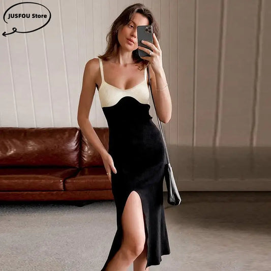 LVSANW Women Patchwork Cami Midi-Calf Dress Sexy V-Neck Vestidos Elegant Strappy Dresses Casual Clubwear E-Gril Side Split Dress