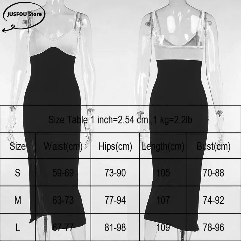 LVSANW Women Patchwork Cami Midi-Calf Dress Sexy V-Neck Vestidos Elegant Strappy Dresses Casual Clubwear E-Gril Side Split Dress