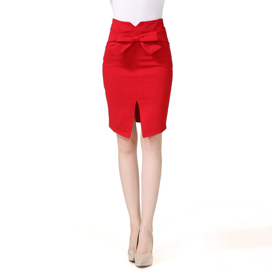 LVSANW Women Pencil Skirt Knee Length High Waist Elegant Open Slit Bow Skirt S-5XL