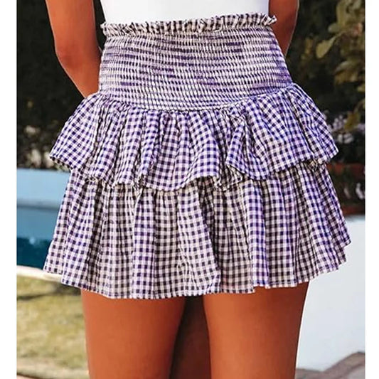 LVSANW Women Plaid Mini Skirts Smocked Elastic Waist Pleated Tiered Short Skirts Bohemian Ruffles y2k Aesthetic Gingham A-line Skirts