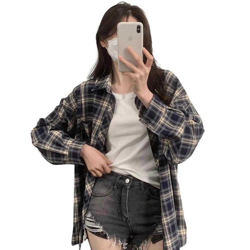 LVSANW Women Plaid Shirt Long Sleeve Collared Button Up Plaid Shirt Jacket Fashion Loose Casual Blouses Female Breathable Outwear