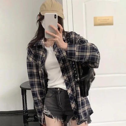 LVSANW Women Plaid Shirt Long Sleeve Collared Button Up Plaid Shirt Jacket Fashion Loose Casual Blouses Female Breathable Outwear